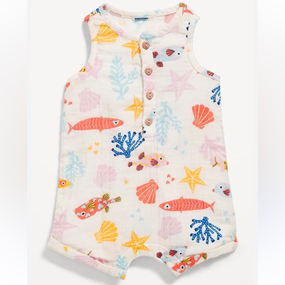EUC Old Navy Unisex Cotton‎ Sleeveless Henley Romper 12-18 month sea life print
